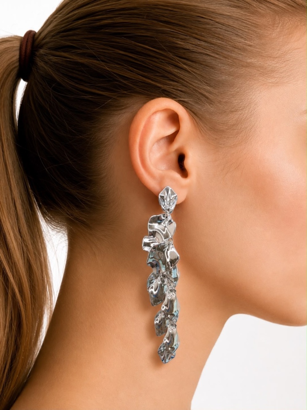 Abstract Statement Earrings Silver Tone Dangle Long Waterfall Chunky Drop Gift